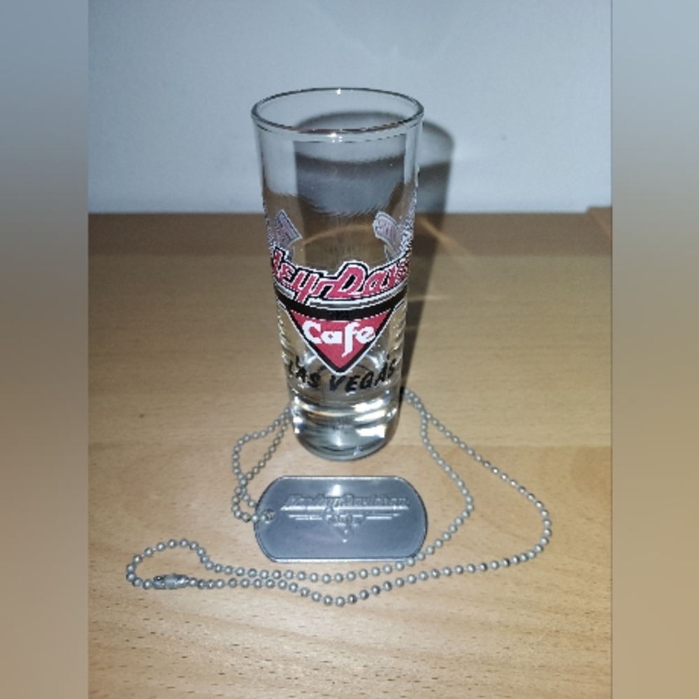 Harley-Davidson Silver Dog Tag Necklace And Shot Glass